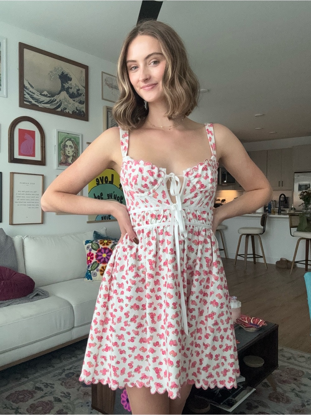 For Love & Lemons White Mini Dress with Pink Floral Print